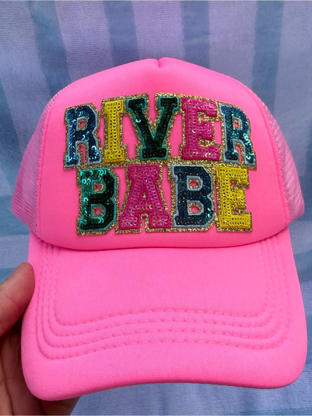 Pink 'RIVER BABE' Sequin Patch Trucker Hat